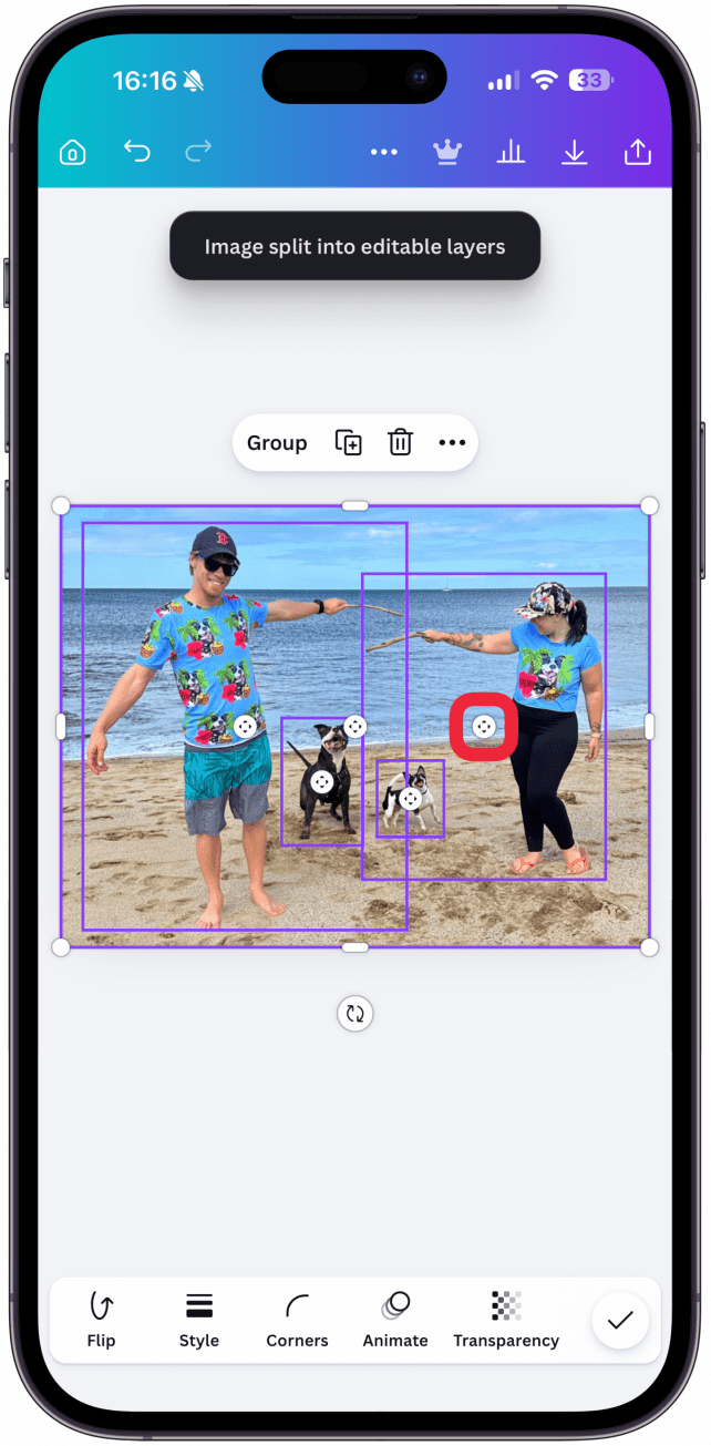 You'll see text above the image saying "Image split into adjustable layers" once you are ready to edit. Every layer will have a rectangle outline.