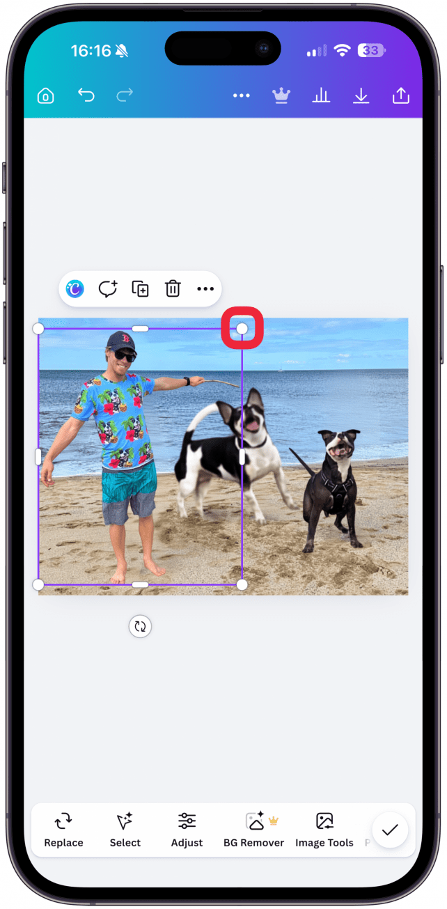 You can tap the circles in the corners to resize it.