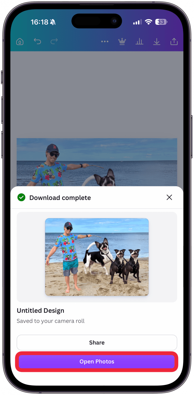 You can then share it, tap the x to return to Canva editing, or tap Open Photos to open the photos app. From there you can see your saved photo.