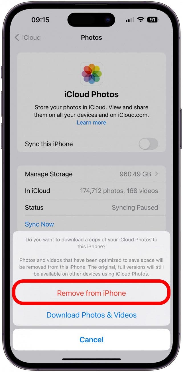 Tap Remove from iPhone to take all photos and videos off your iPhone and store them in iCloud.
