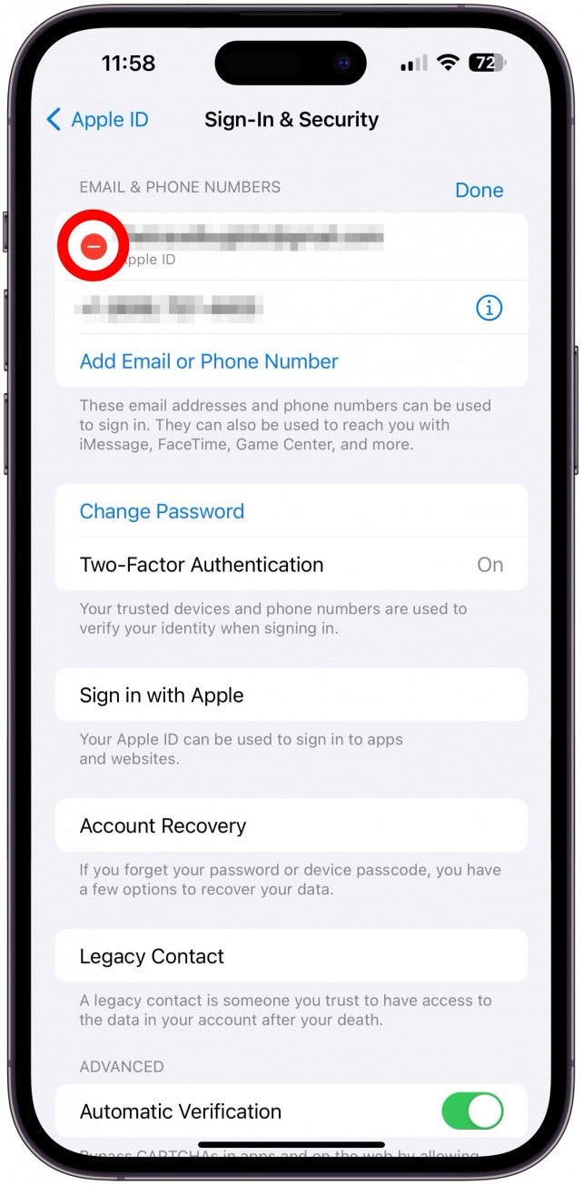 Once you have your new number (or email address), you can tap the minus icon to remove the old one. 