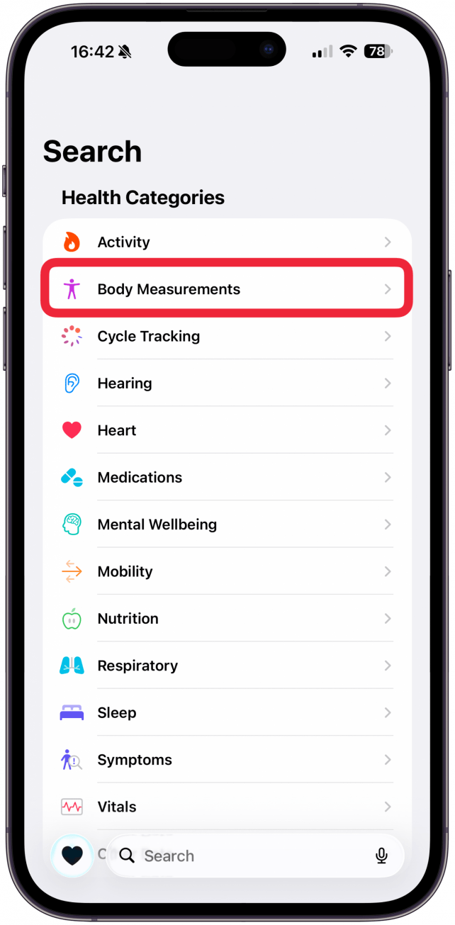 Tap Body Measurements.