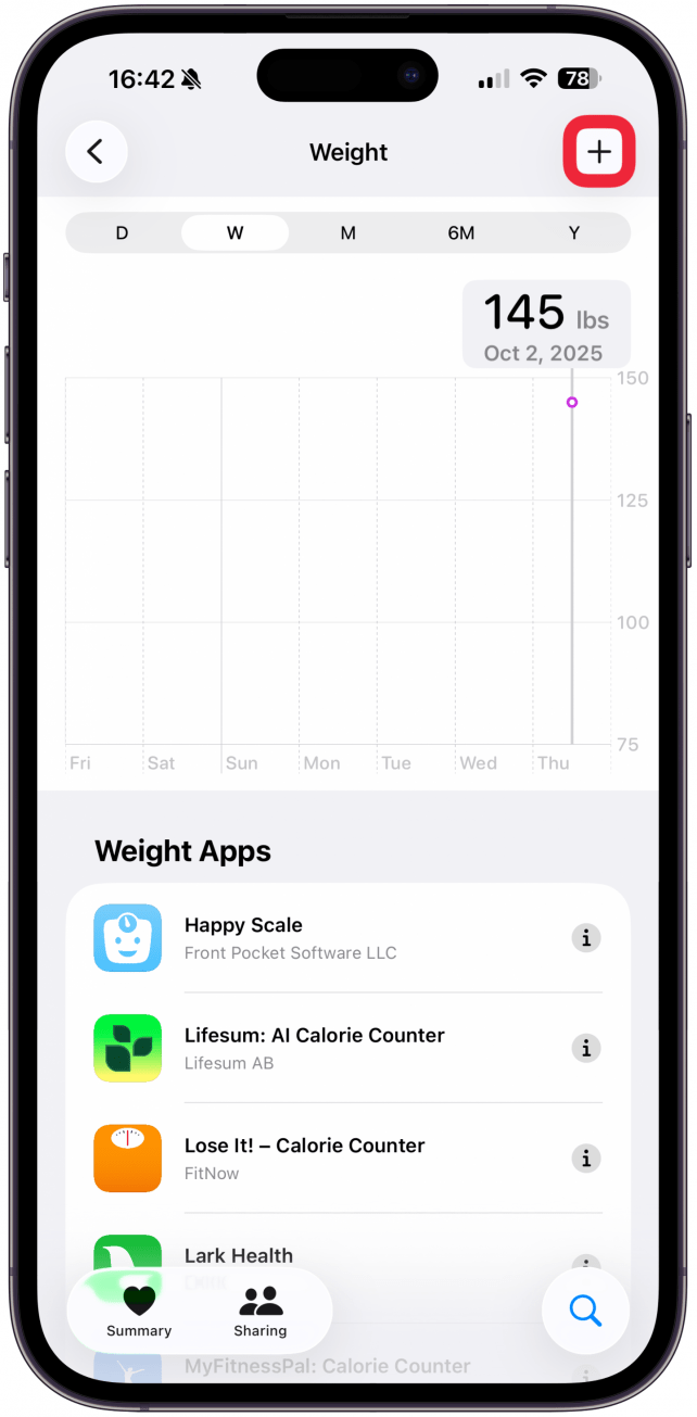 Select Add Data, input your new height or weight, and tap Plus.