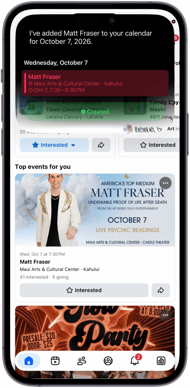 Siri will then confirm that it added the event to your Calendar and will show the details on screen.