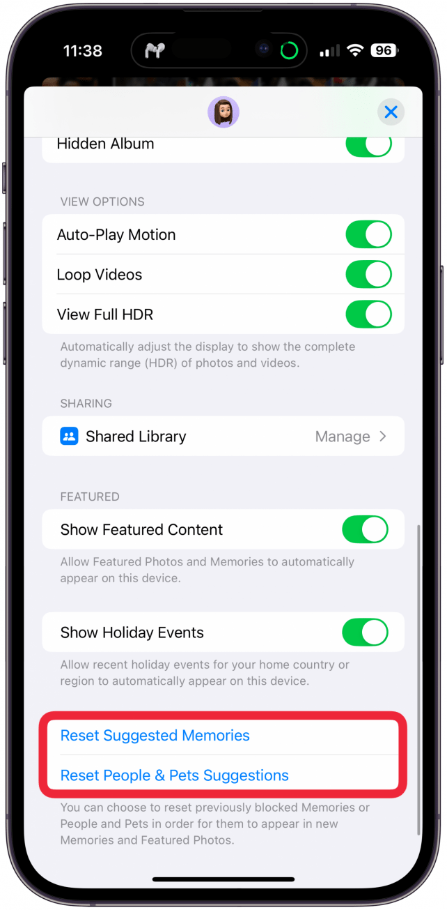 Scroll to the very bottom and tap Reset Suggested Memories and/or Reset People & Pets Suggestions.