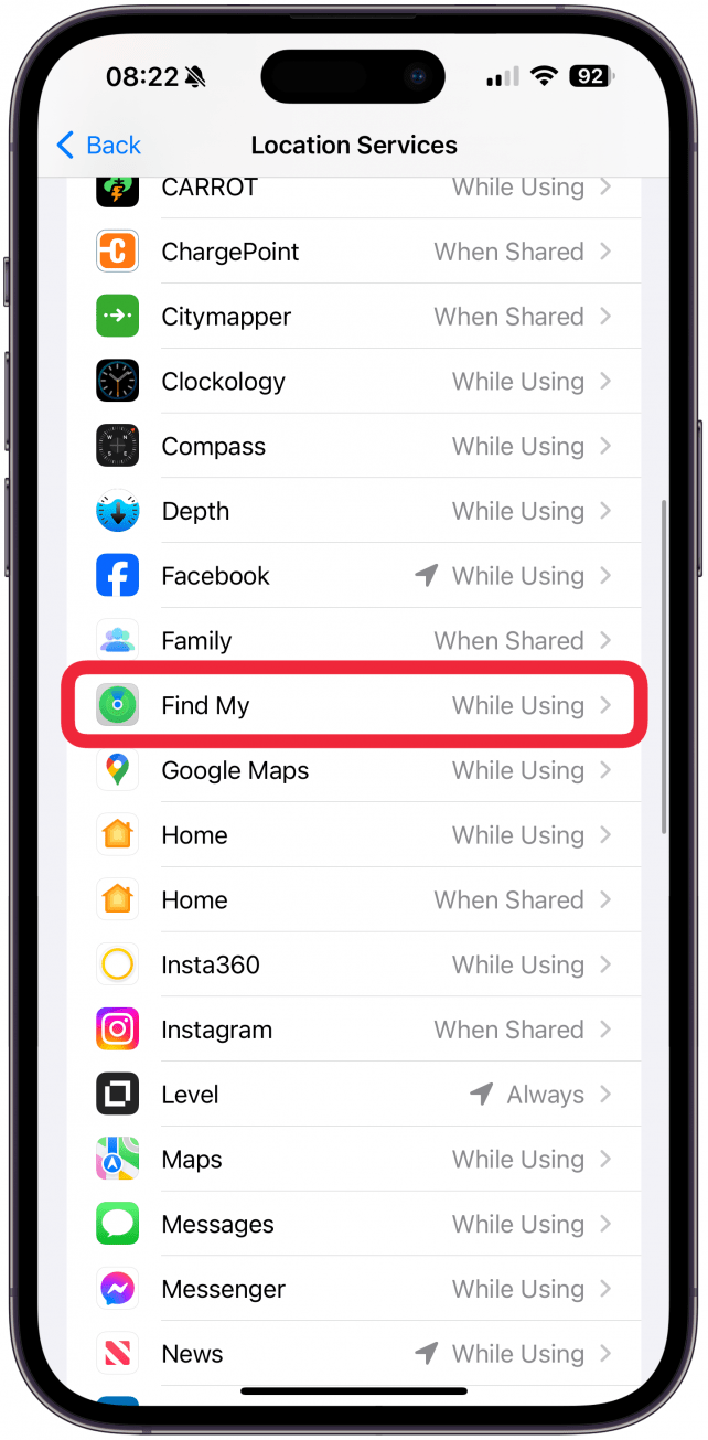 Next, scroll down and tap Find My.