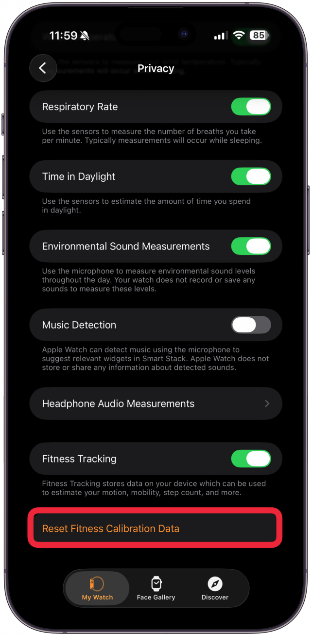 Tap Reset Fitness Calibration Data.