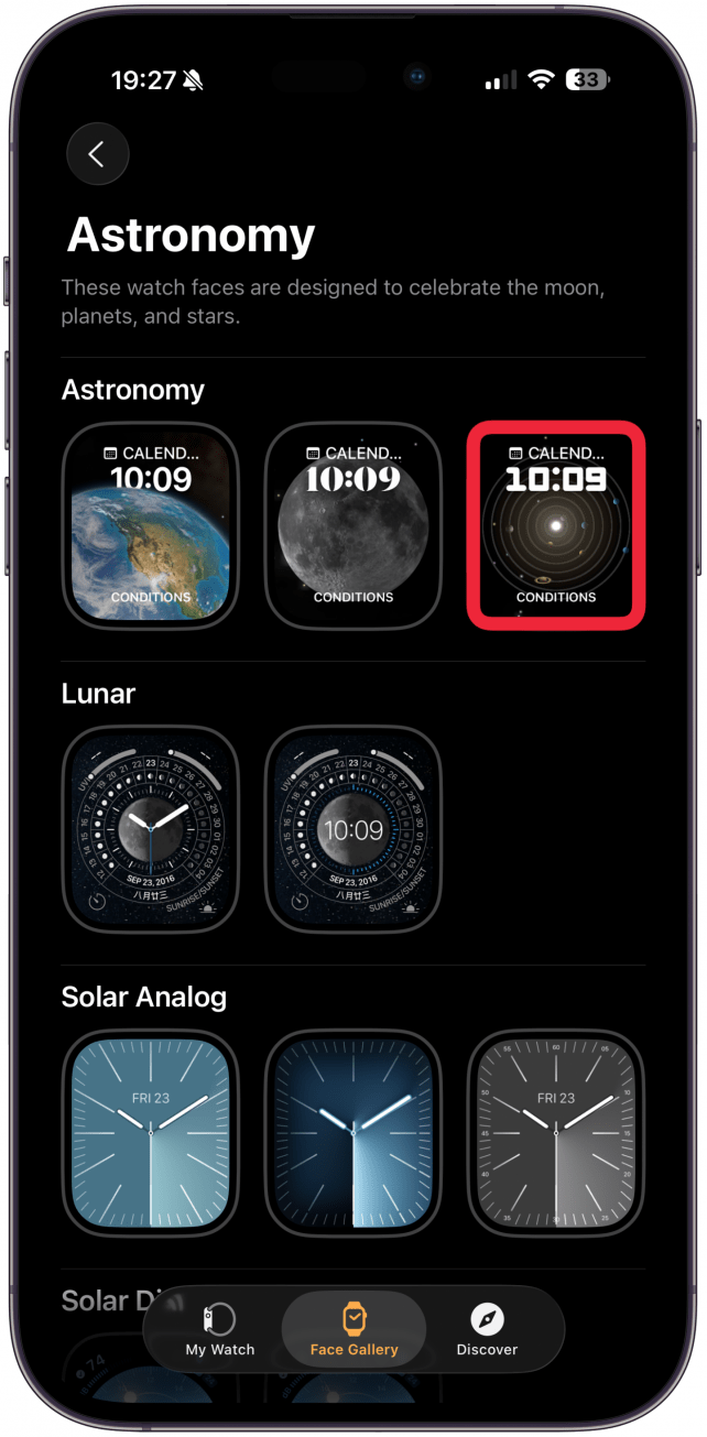 From here, you can customize the watch face. Your options will vary depending on the watch face, but customizations include color, font, numerals, style, and more.