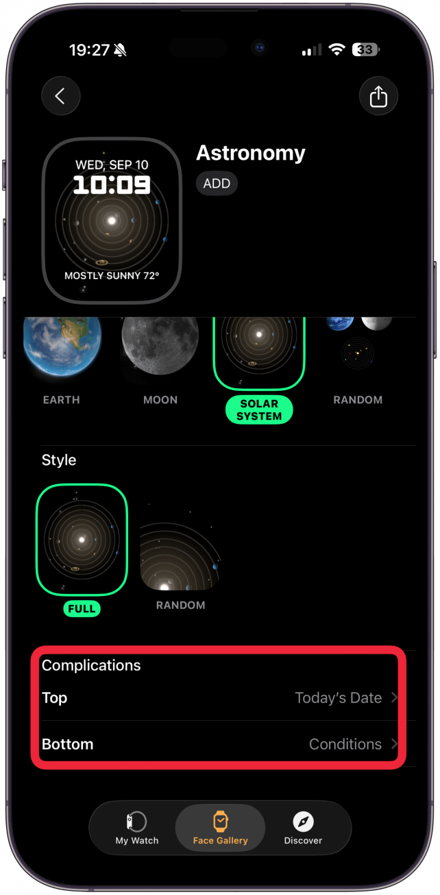 At the very bottom, if your watch face is comptabile, you'll be able to select your Complications. Depending on how many the design allows for, you can tap each and choose from the list.
