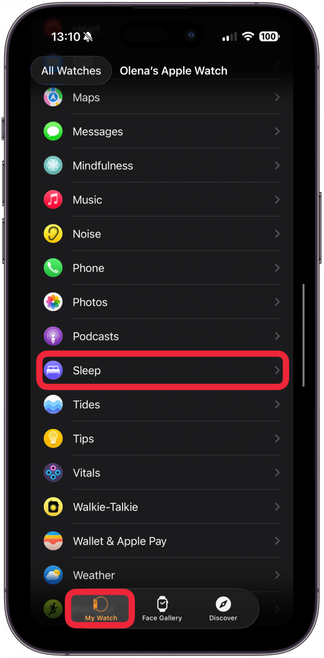 Make sure you are on the My Watch tab, scroll down, and tap Sleep.