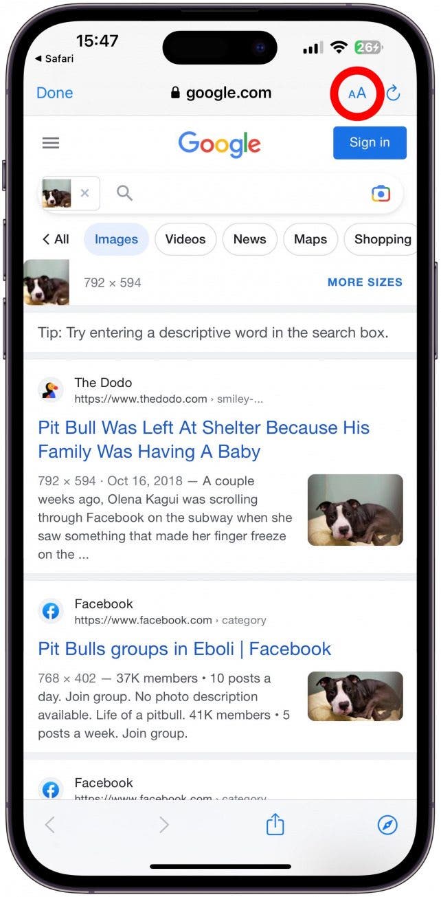Кроме того, вы можете нажать значок AA в верхней части экрана.