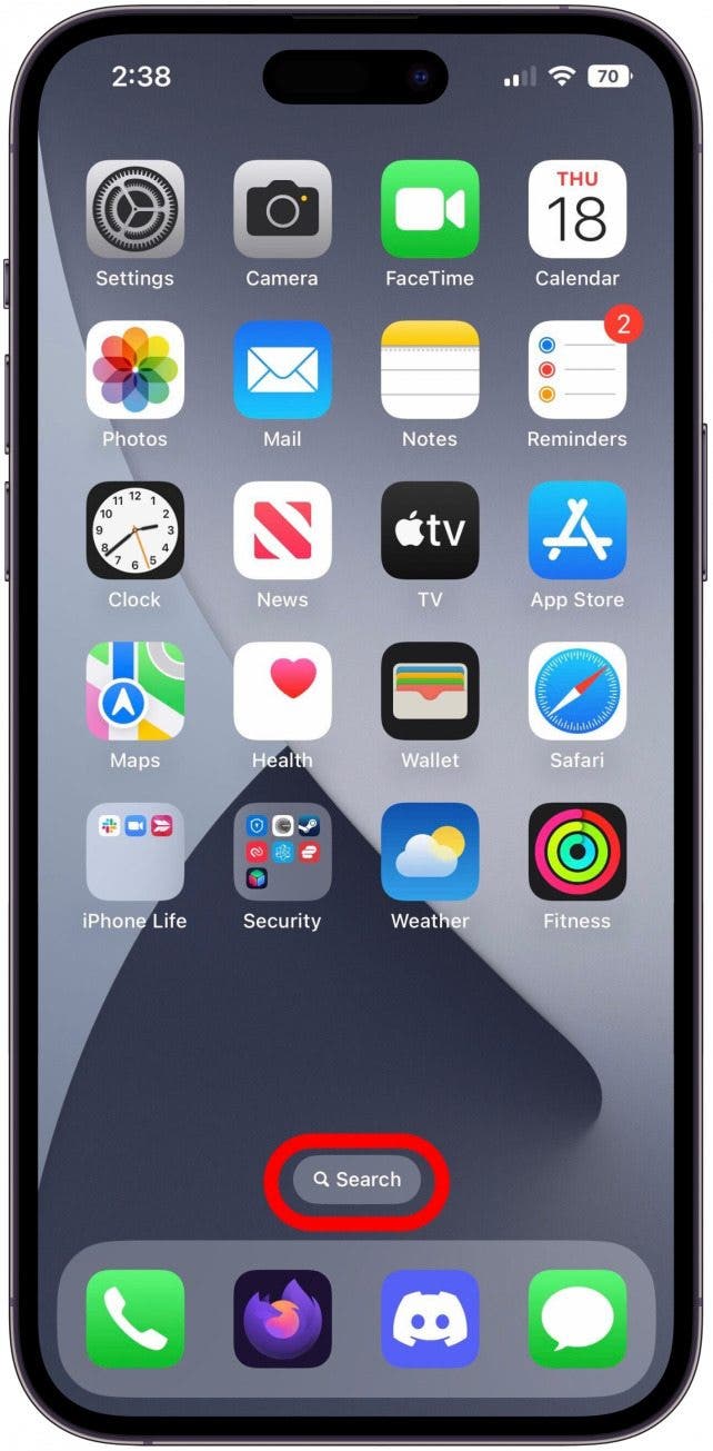 Home screen with the Search button at the bottom marked.
