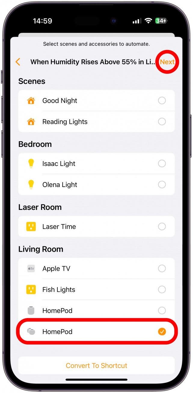 I’ll select one of my HomePods. Then, tap next.
