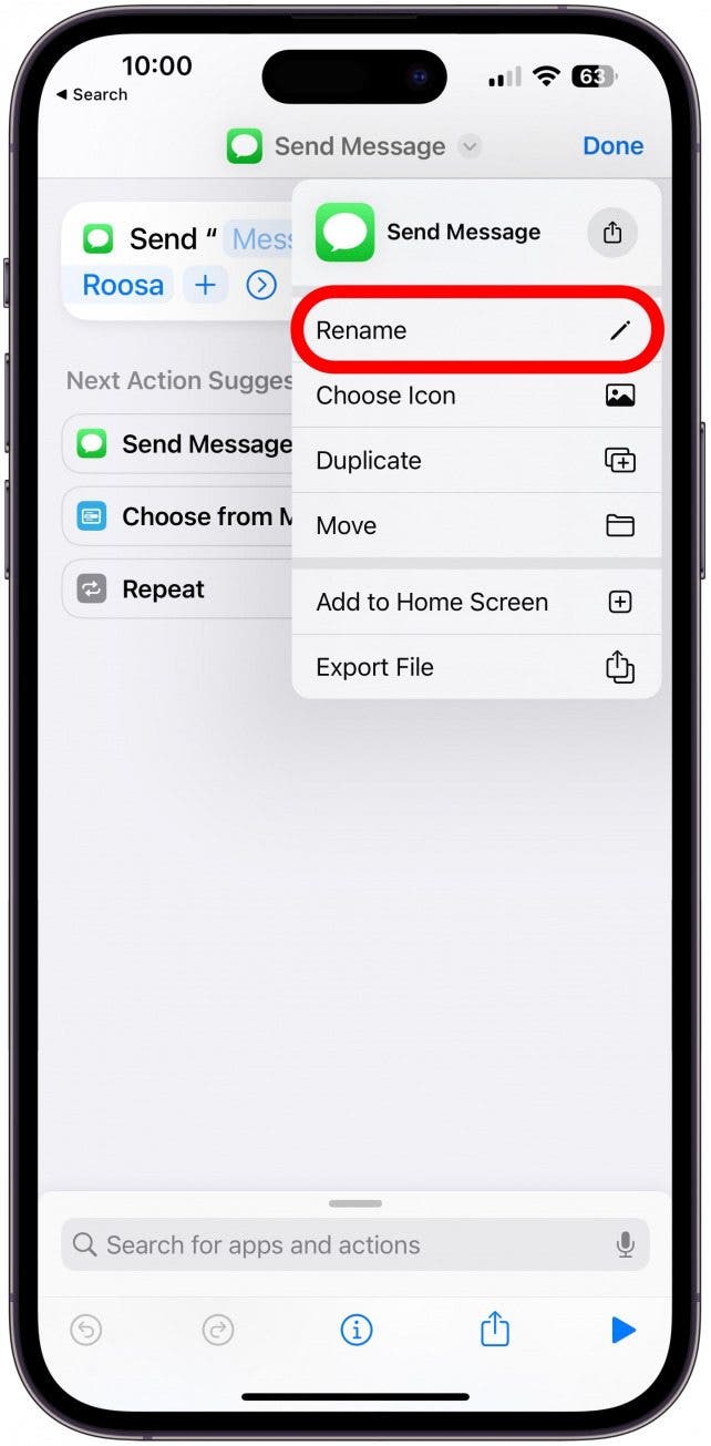 Tap Rename to name the shortcut.