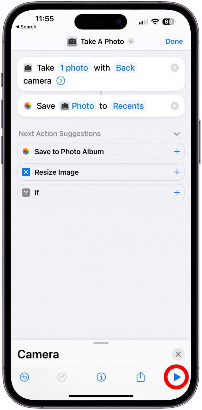 Tap the play button at the bottom right to test this shortcut.