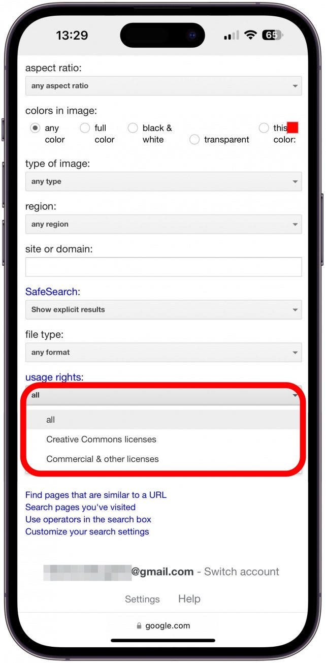 Tap all under usage rights