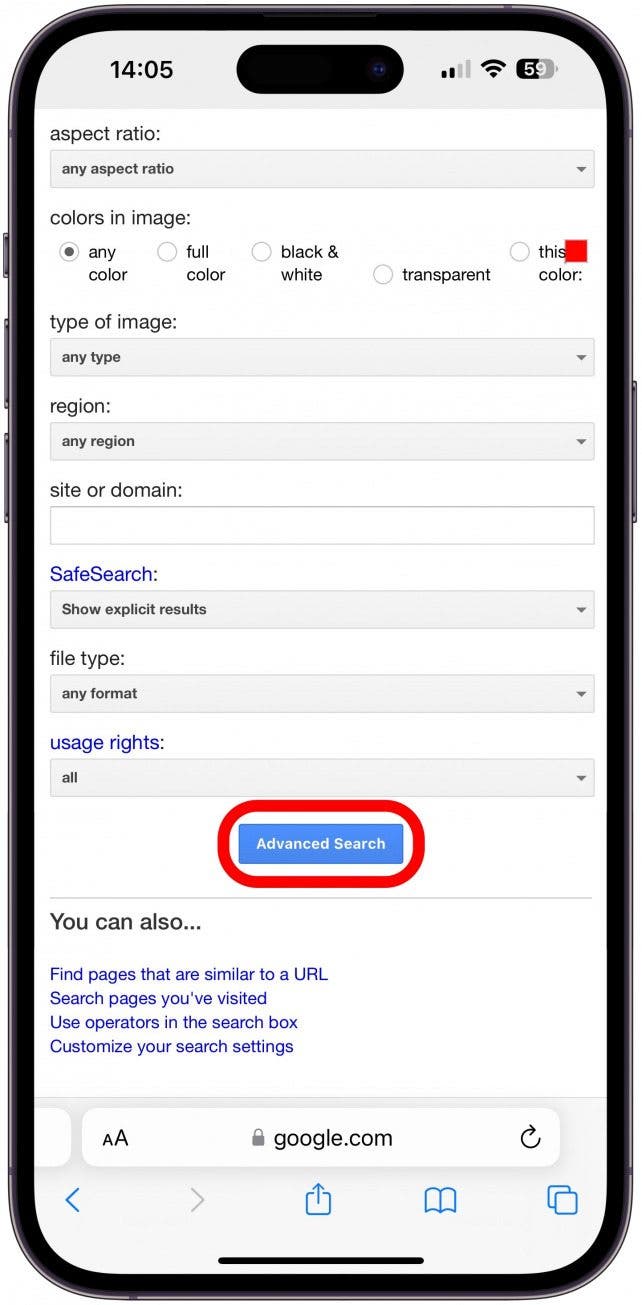 When everything is set, tap Advanced Search to see your image results!