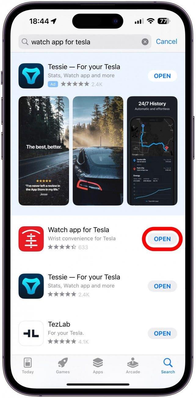 Download the Watch app for Tesla from the App Store on your iPhone and open it.