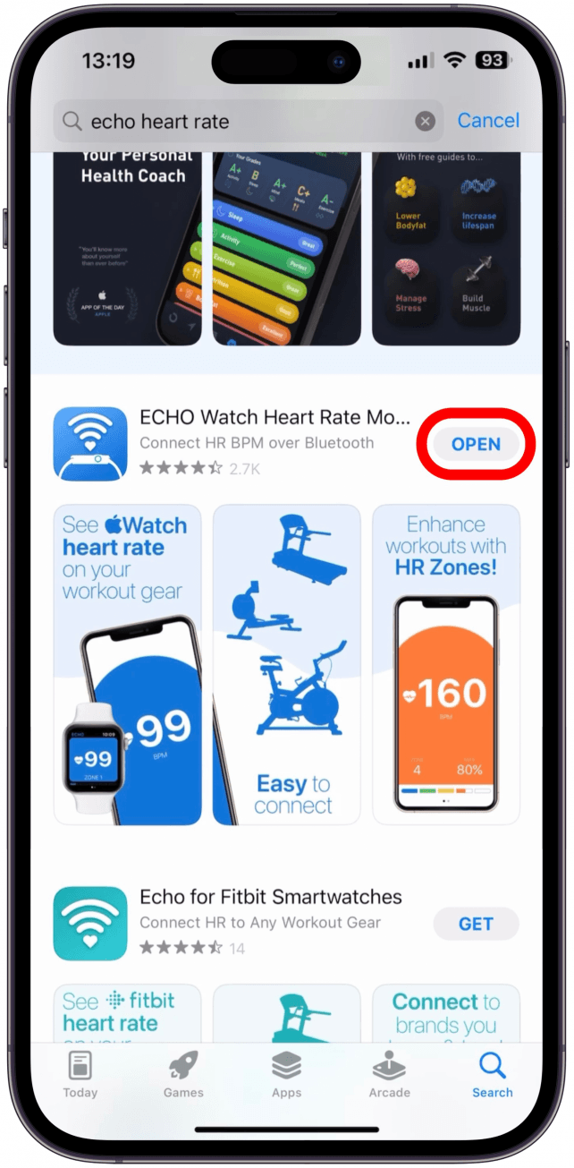 Download the ECHO Watch Heart Rate Monitor (free with upgrade options) app and open it.