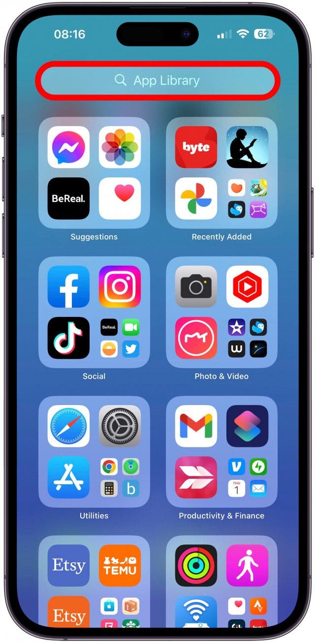 Tap into the search bar and type in the name of the app you're looking for.