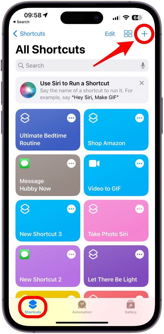 Navigate to the Shortcuts tab, if you're not already there, and tap the + icon in the top right corner.
