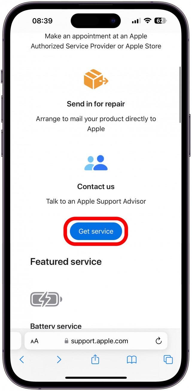 Scroll down and tap Get Service.