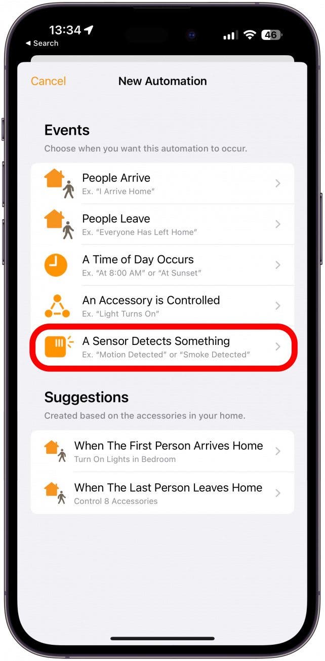 Under events, tap A Sensor Detects Something.