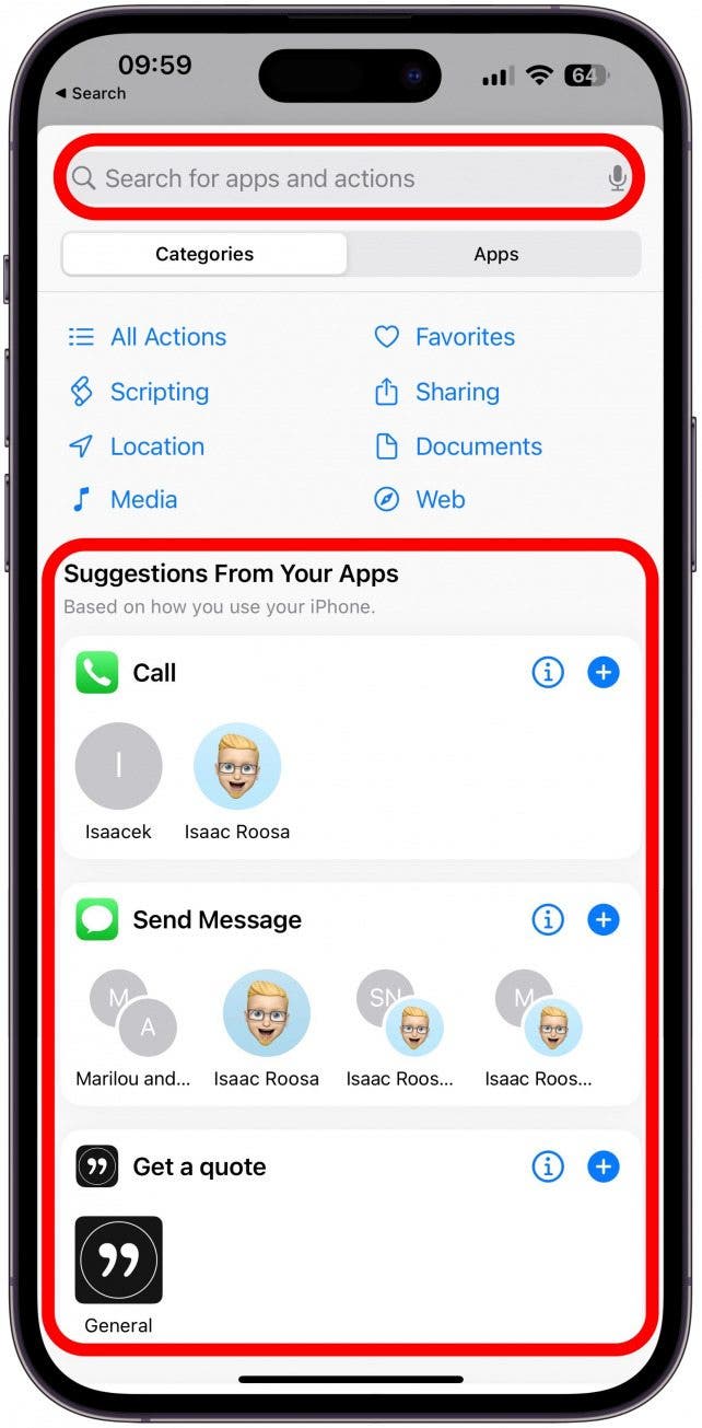 Here you'll see some suggestions or you can use the search bar to search for apps or actions.