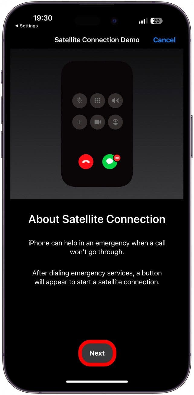 Here you’ll see information about the Satellite Connection feature. Tap Next.