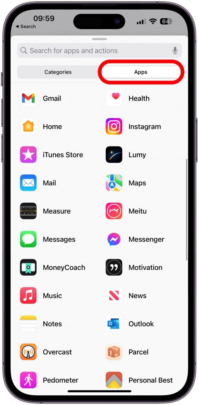 To see a list of apps, tap Apps.