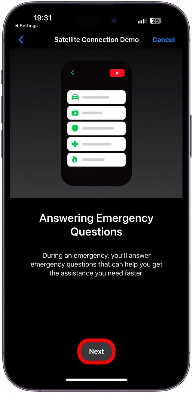 Here you’ll learn about answering emergency questions. Tap Next.