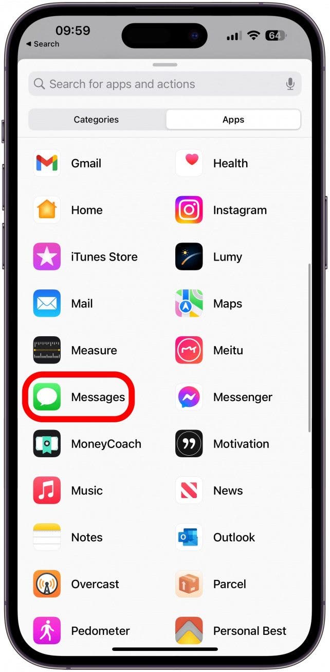 Select the app to create a shortcut for it. I'll pick Messages.