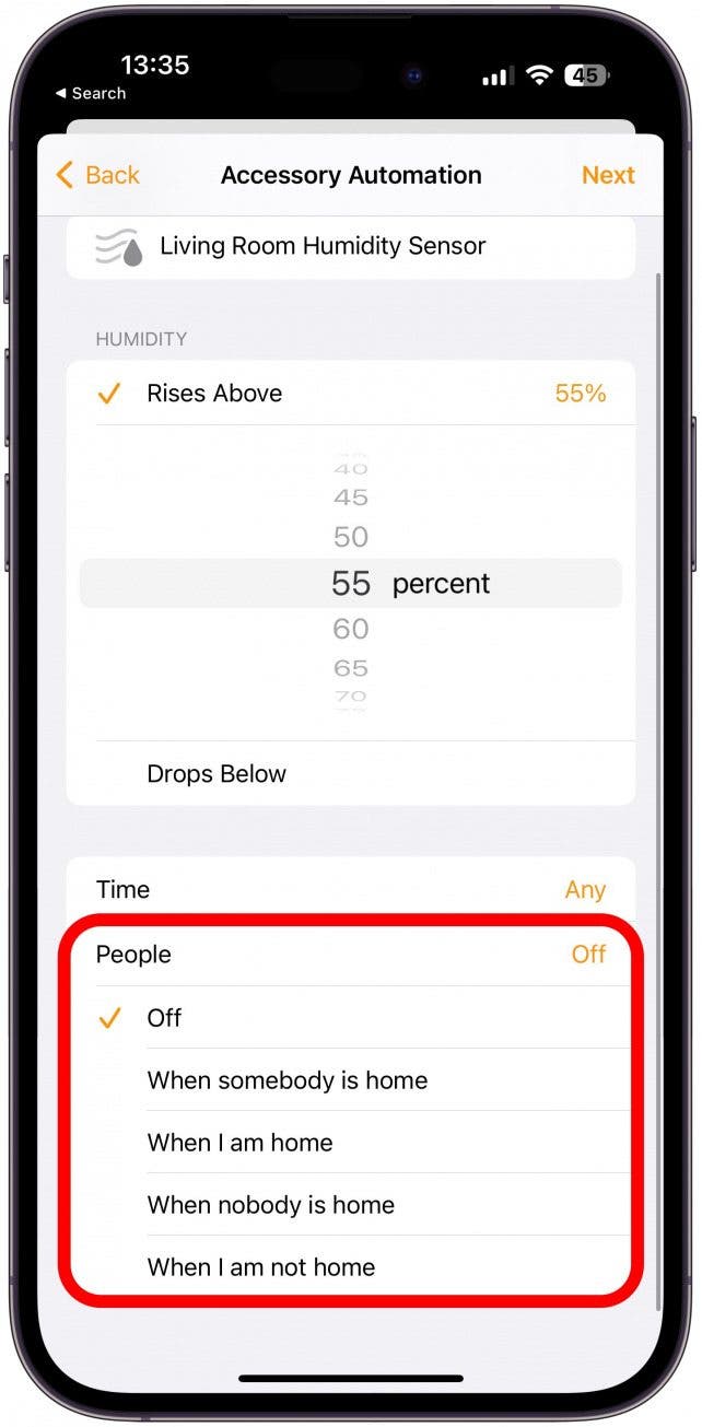 If you tap Off next to People, you can select for the automation to only happen if no one is at home, for example.