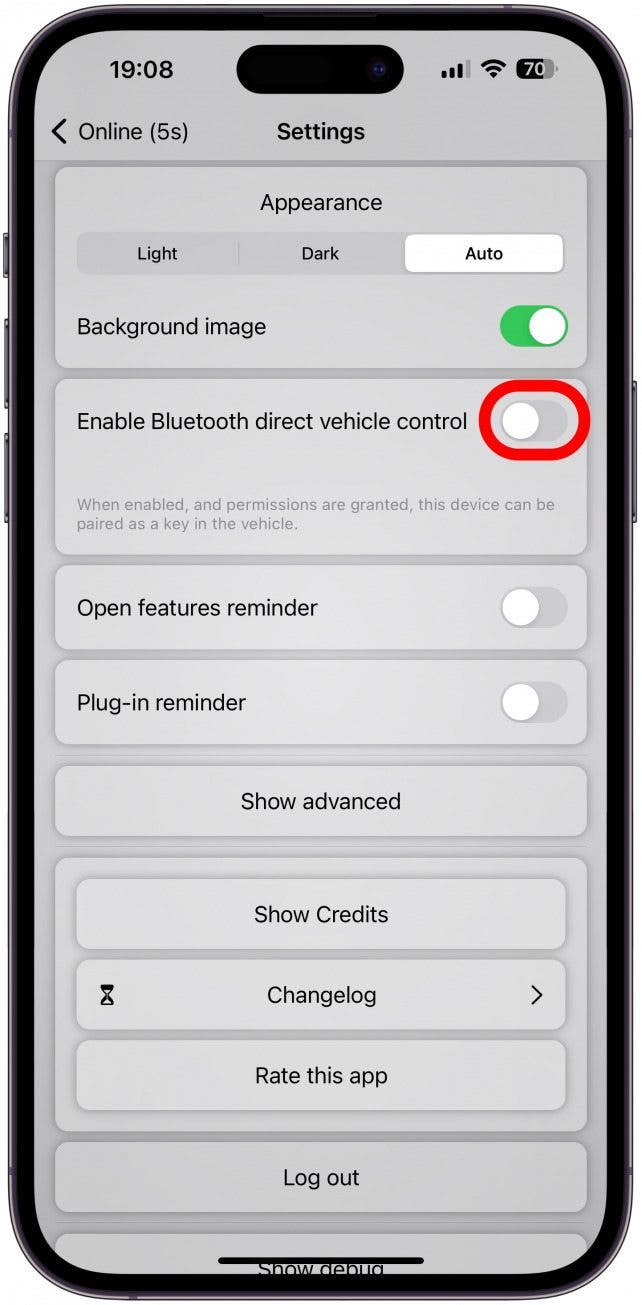 Scroll down until you see Enable Bluetooth direct vehicle control. Toggle this on.