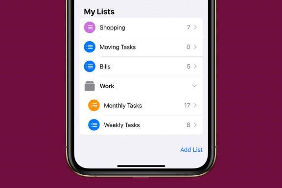 Image for article: How to Group Related Lists in the Reminders App