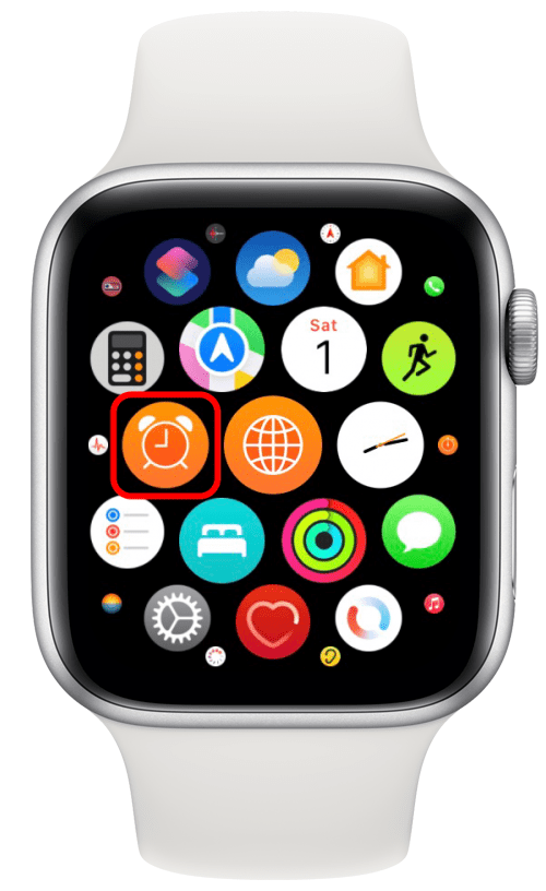 Press the Home button located on the crown to see all your apps, and tap Alarms.