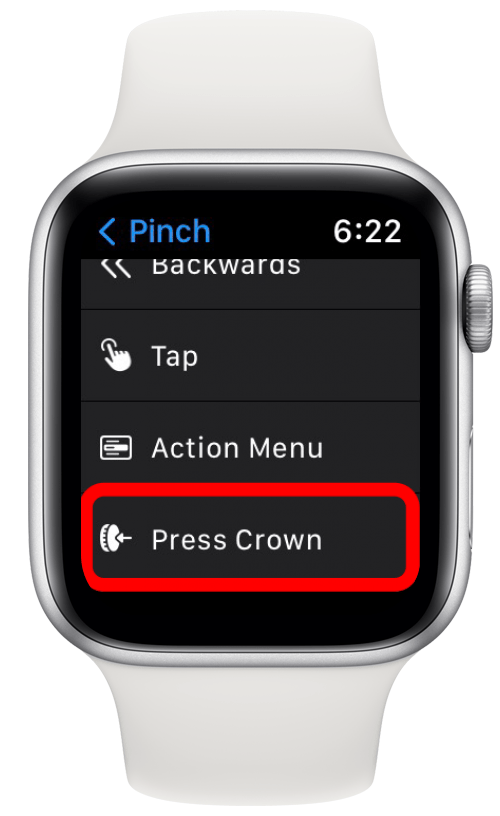 Tap Press Crown. From now on, the Pinch gesture will simulate a press of the Digital Crown.
