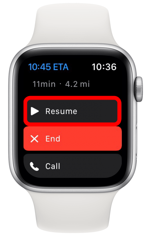 Scroll down with the Digital Crown to either resume or end navigation.