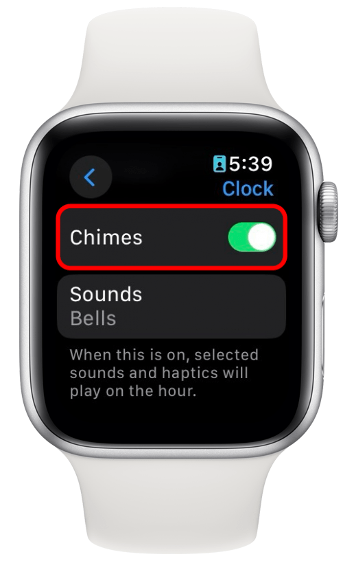 apple watch clock settings with chimes toggle circled in red