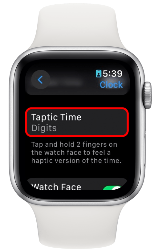 apple watch clock settings with taptic time circled in red
