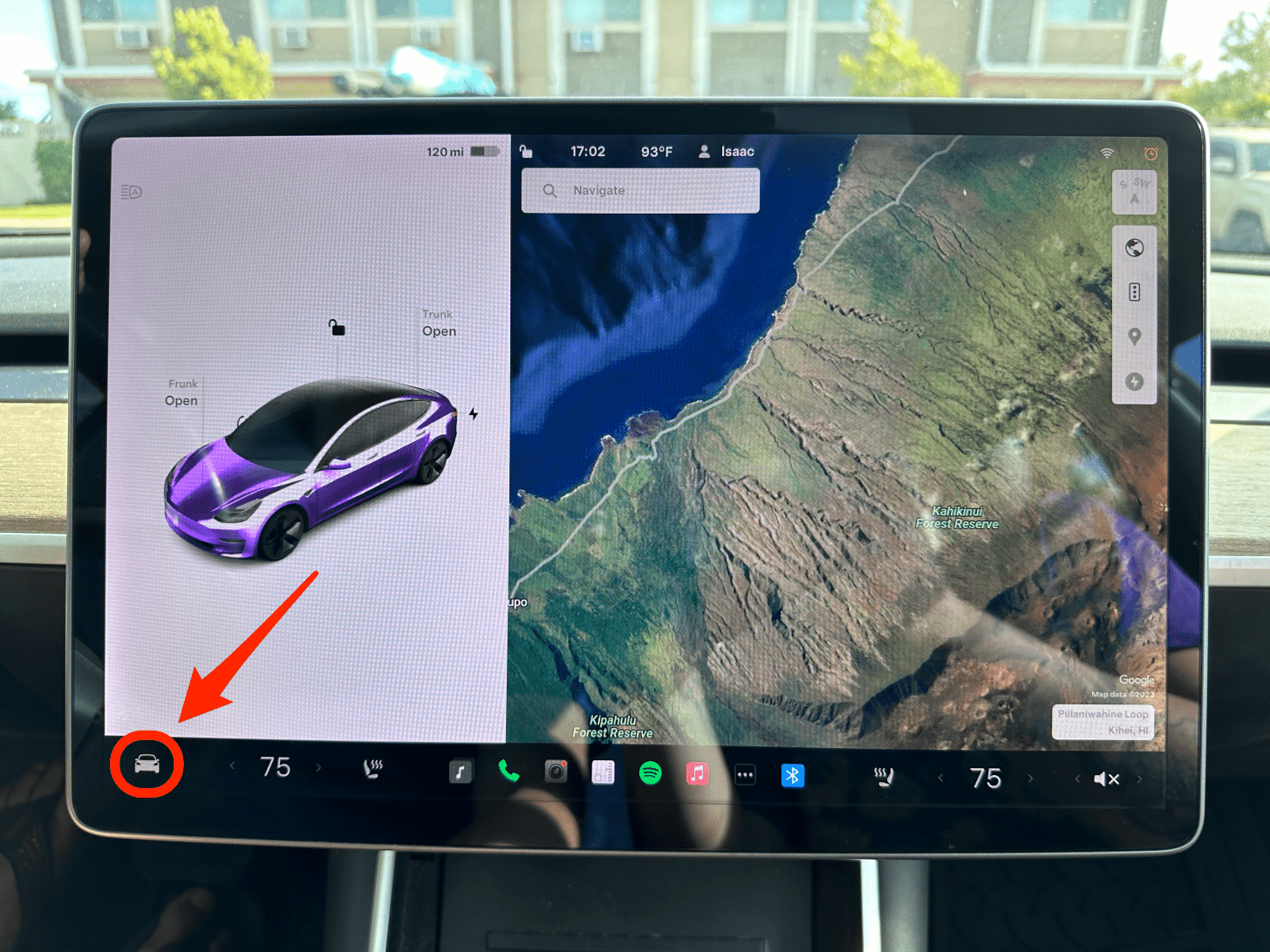 To turn off your Tesla manually, sit in the car and tap the car icon in the bottom left of the display.