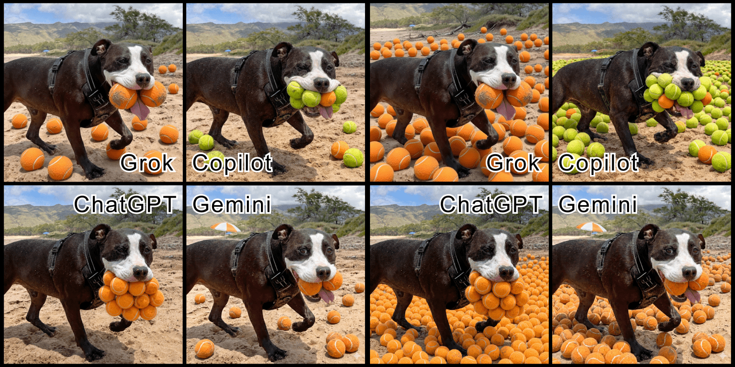 Next, I asked the four chatbots that successfully edited the image to add 10 balls to the image. After that, I asked for it to add 100 balls to the image. 