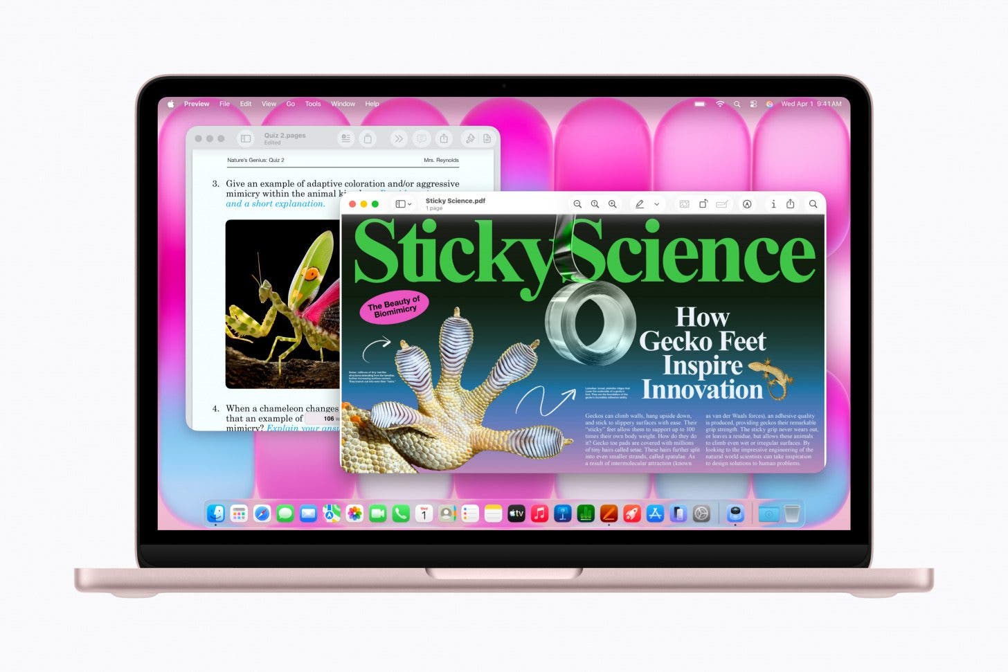 an image of the new blush macbook neo displaying various tasks on its screen