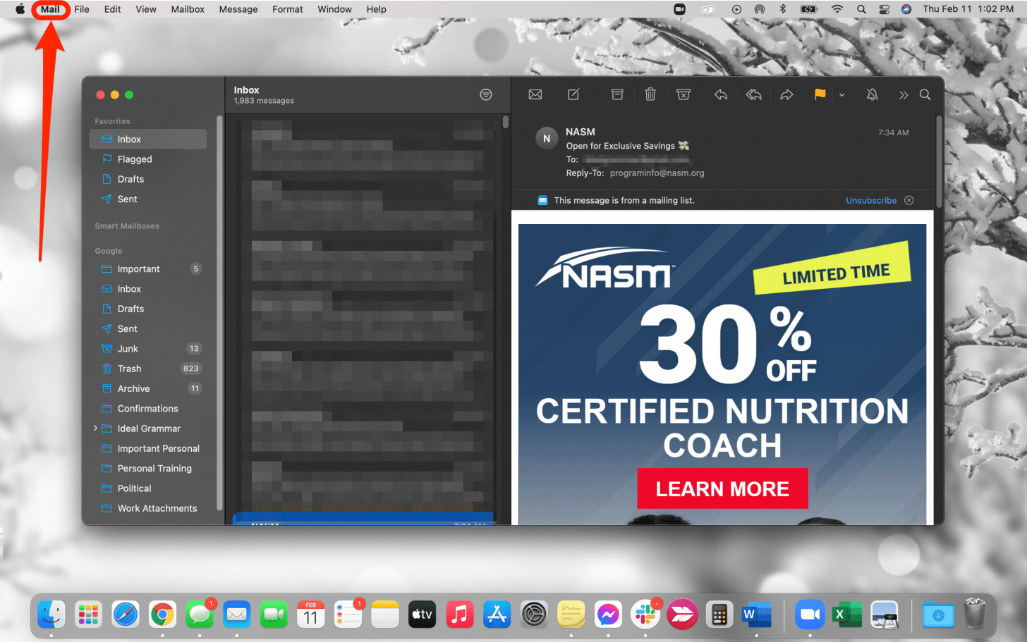 Open the mail app and click on Mail in the menu bar