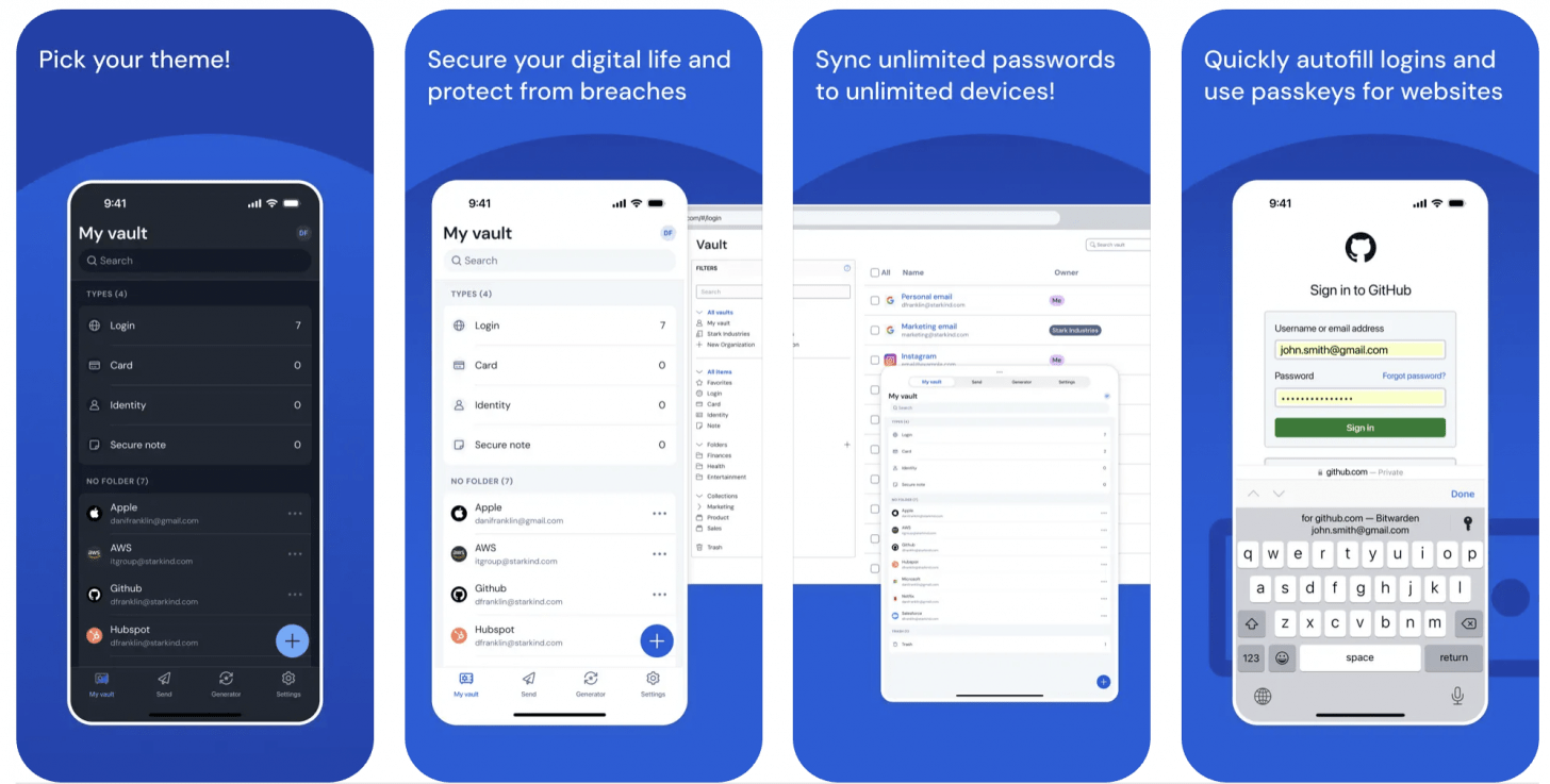 screenshots of Bitwarden password manager on the iPhone