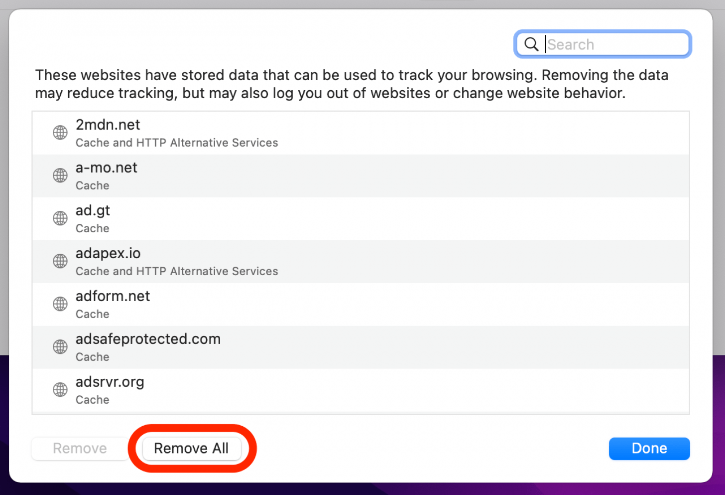 click remove all to delete safari web browser cache