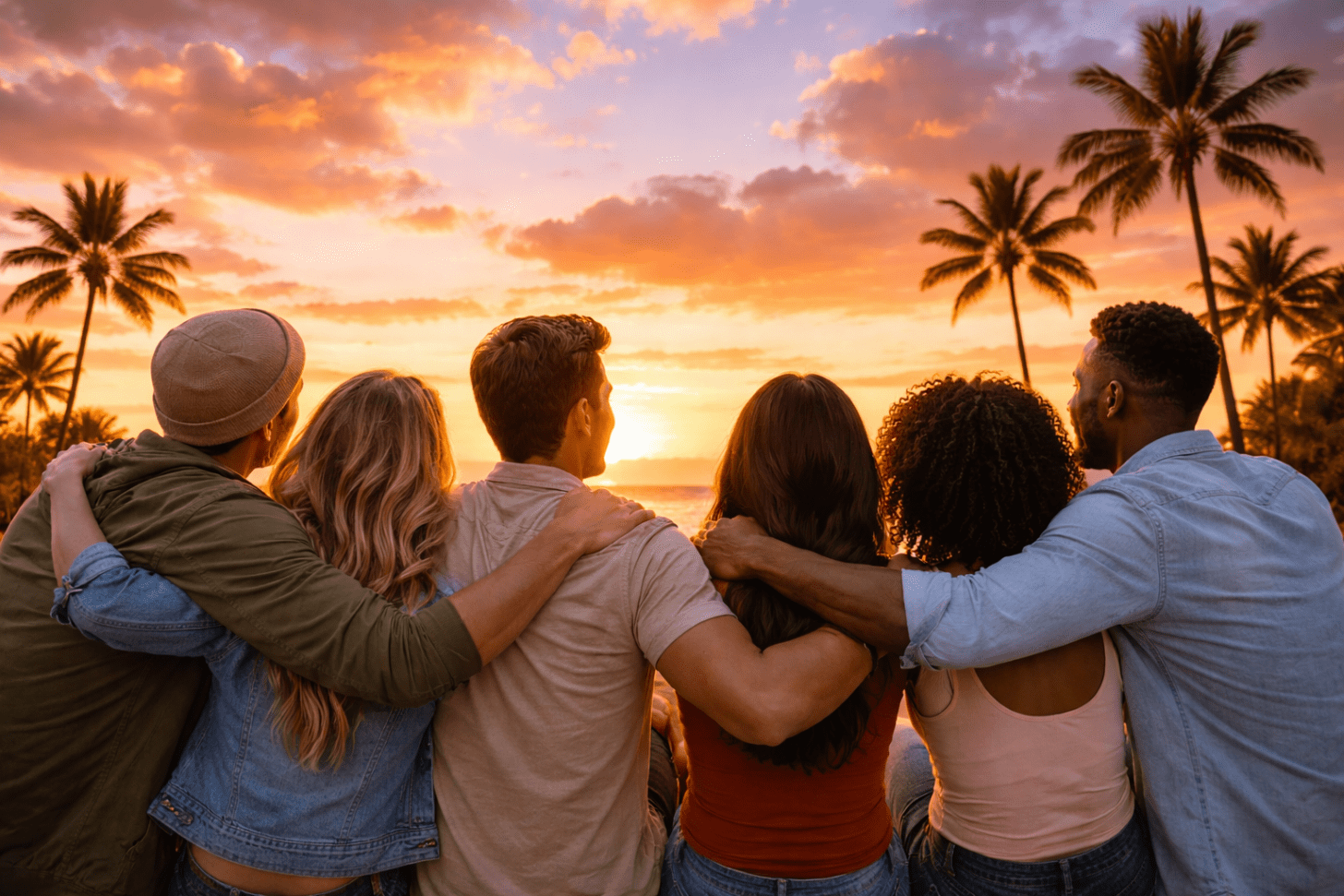 a group of friends enjoying the perfect sunset with fluffly clouds and palm trees in the background