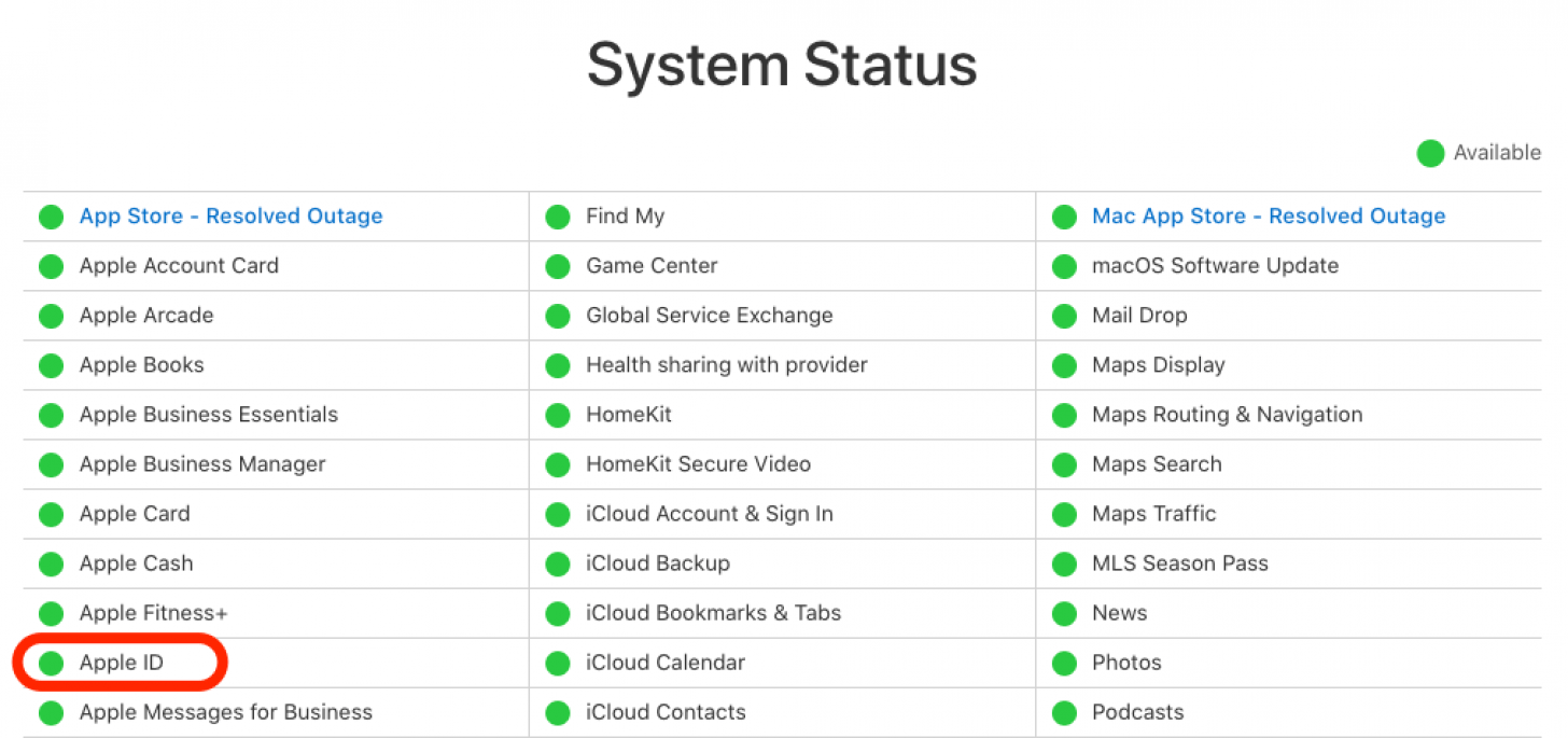 zkontrolujte stav systému Apple pro Apple ID