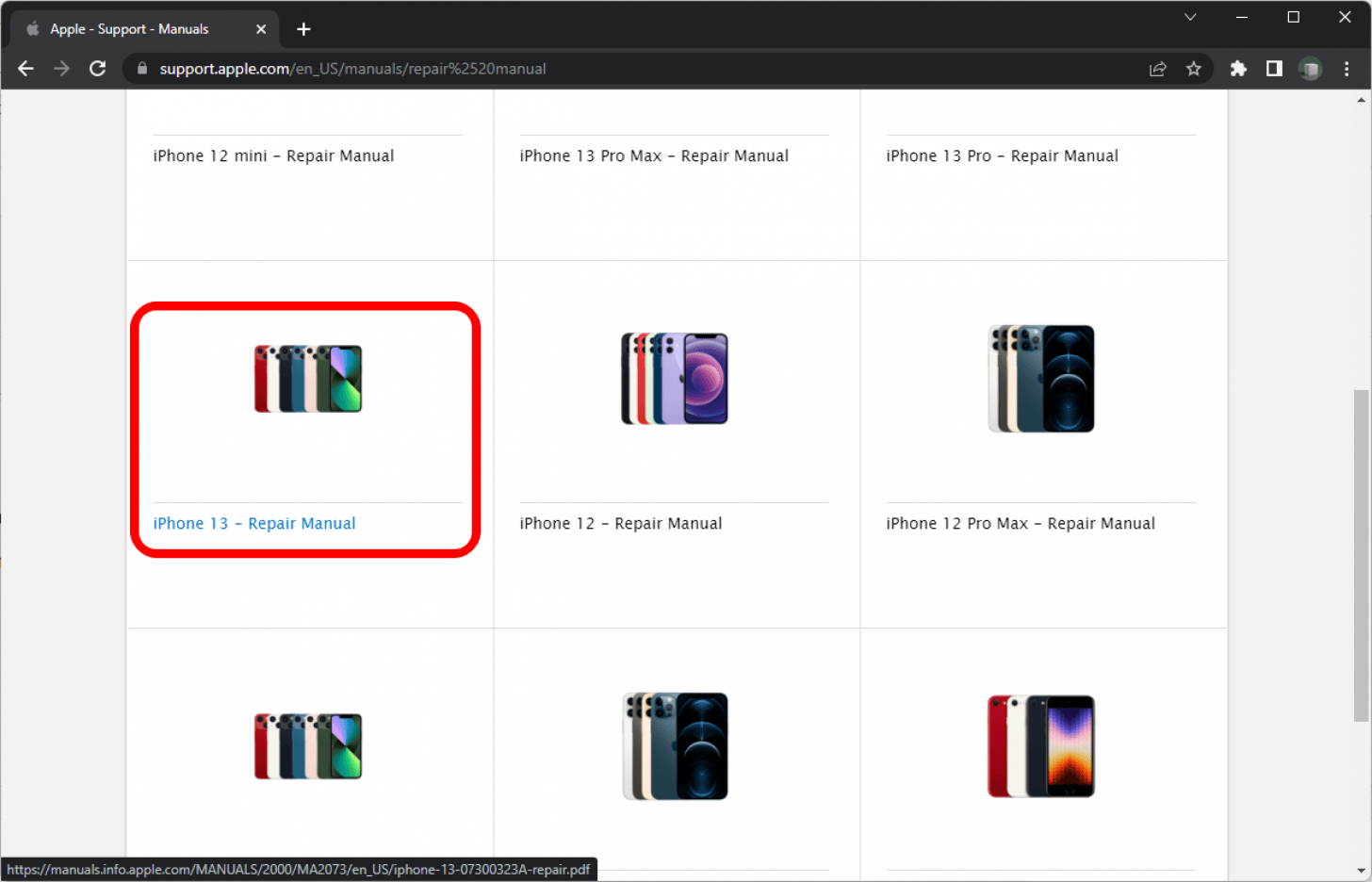 Chrome on the Apple Manuals web page with the link to the iPhone 13 repair manual marked.