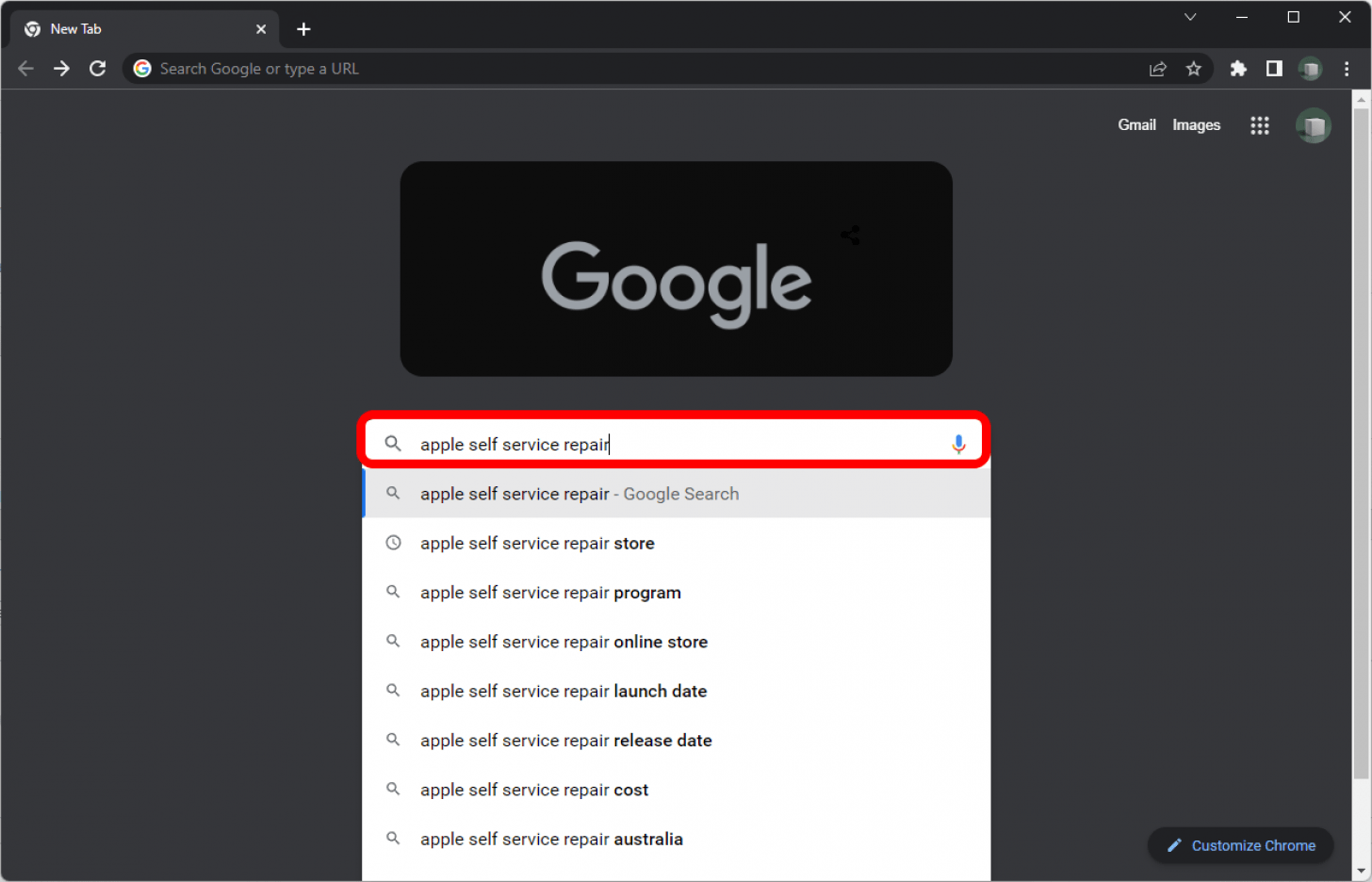 Chrome with a search for "apple self serve repair" marked.